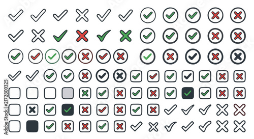 Minimalist check mark and cross icon set, green tick and red x symbols for UI design, 84 vector elements for checklist and survey forms