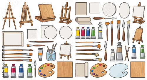 Professional artist supplies collection, wooden easel and paint brushes set, oil paint tubes and canvas vector icons for art studio