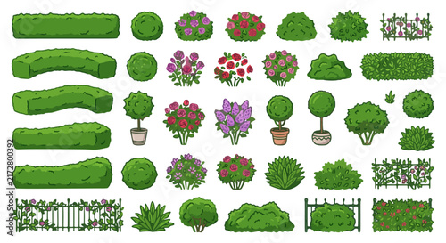 Garden hedge and bush vector set, 35 landscape greenery elements, flowering shrubs and topiary plants for backyard design