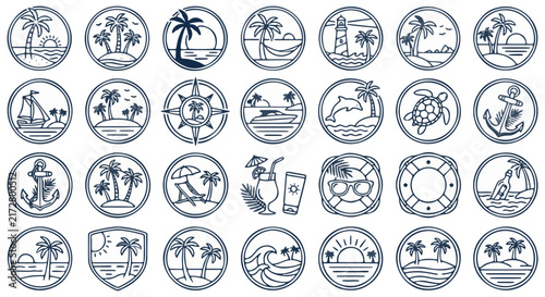 Minimalist tropical beach icon set, 28 summer vacation line art symbols, nautical travel badges and palm tree vector illustrations