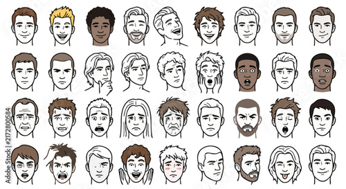 Diverse male avatar set, 36 hand-drawn man faces with various expressions, cartoon character head icons for profile and web design