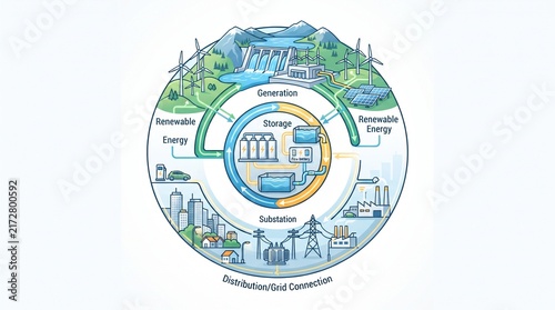 Green Energy Grid Circular Concept Renewable Power Sustainable Electricity Network Illustration