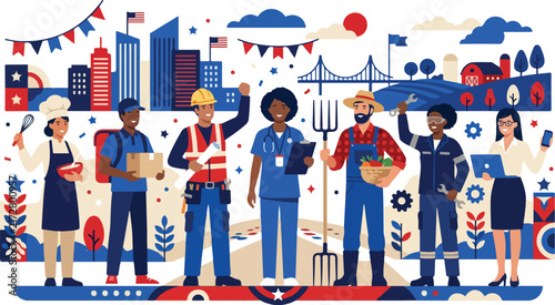 Vintage American Labor Day Patriotic Badge Emblem with Crossed Tools Vector Illustration