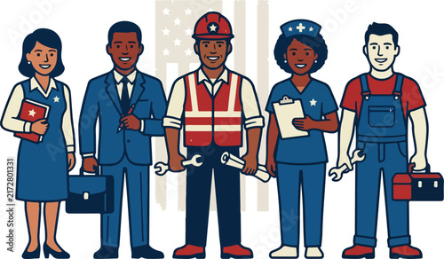 Diverse American Workers Standing Together for Labor Day Celebration Vector Illustration