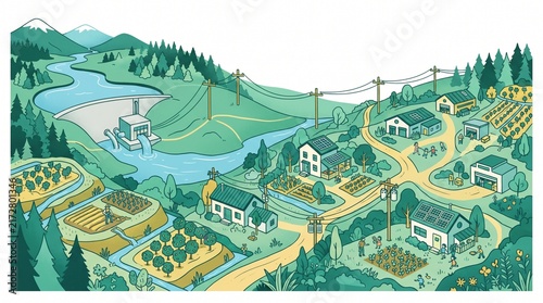 Eco Friendly Countryside Landscape with Renewable Energy and Sustainable Farming