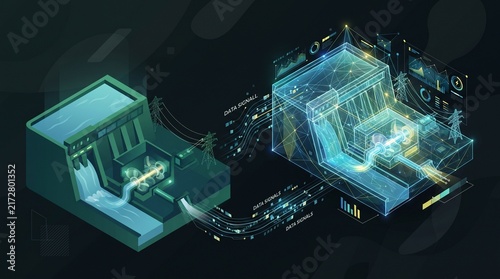 Isometric Hydropower Station Digital Twin and Smart Grid Renewable Energy Infographic