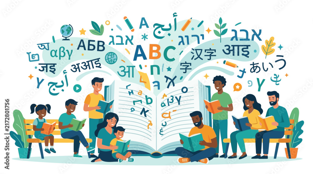 Obraz premium Diverse Group of Students Reading Books with Global Languages and Alphabets Floating Above Open Book Representing Universal Education and Knowledge