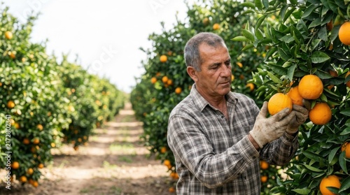 Farmer examining ripe citrus fruit in a vibrant orange grove