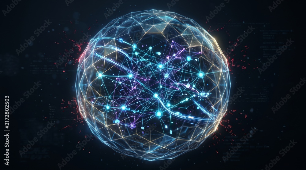 Naklejka premium Futuristic abstract digital sphere featuring luminous connections and data points in a modern design