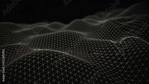 Abstract digital wave mesh with flowing network lines on dark background