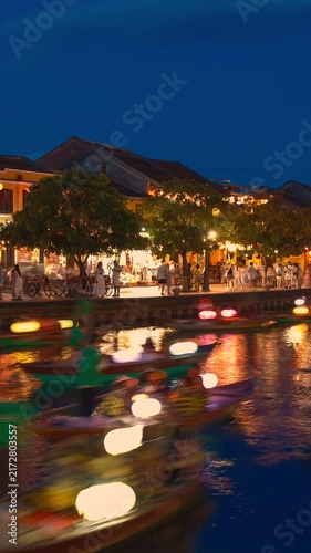 Time lapse of timelapse of Hoian Old town in Hoi An city, Da Nang province, Vietnam. Panoramic riverside of Ancient town, UNESCO world heritage. One of the most travel popular touristic destinations 