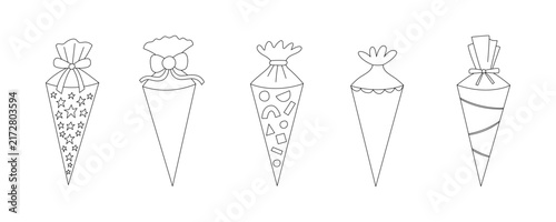 School Cone Kit. German Candy Cone for Coloring Book Set. Outline School Start Children Bundle. Clipart Lineart Element for Coloring Page