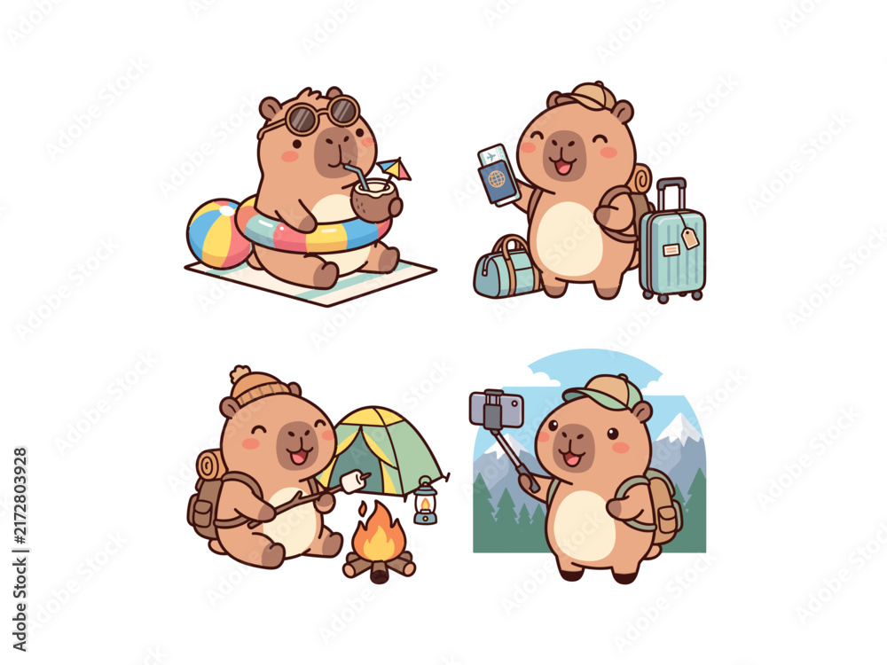 Fototapeta premium Set of cute kawaii capybaras on vacation. Cartoon animals at the beach, traveling, camping, and hiking. Flat vector sticker sheet isolated on white.