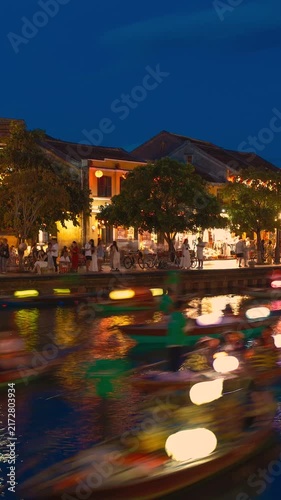 Time lapse of timelapse of Hoian Old town in Hoi An city, Da Nang province, Vietnam. Panoramic riverside of Ancient town, UNESCO world heritage. One of the most travel popular touristic destinations 