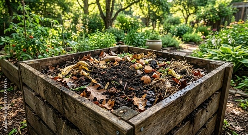Wooden compost bin filled with rich organic matter and food scraps in a lush garden setting