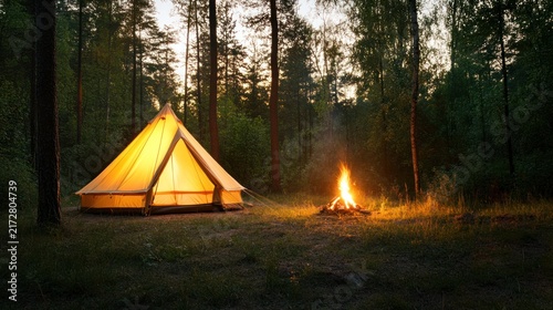 Enchanting Forest Campsite: A bell tent illuminated from within, sits serenely beside a crackling campfire in a tranquil forest clearing.