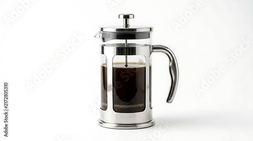 Glass French press coffee maker with brewed black coffee isolated on white background