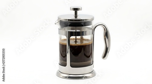 Glass French press coffee maker with metal frame isolated on a white background