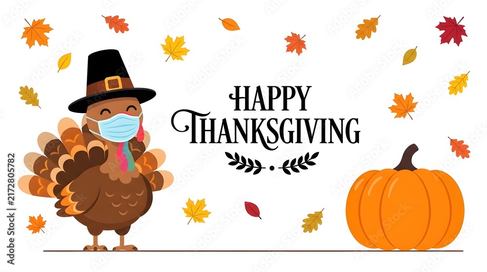 Fototapeta premium Cute thanksgiving turkey wearing a medical face mask with a pumpkin and autumn leaves isolated on white background