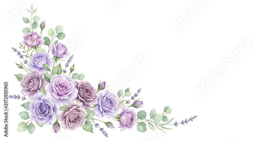 Watercolor purple rose and lavender corner border floral