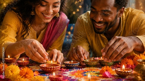 Close up of two people preparing colorful Diwali decorations