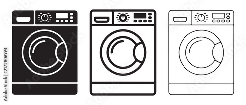 washing machine icons with control panels and drum designs in minimalist line art style