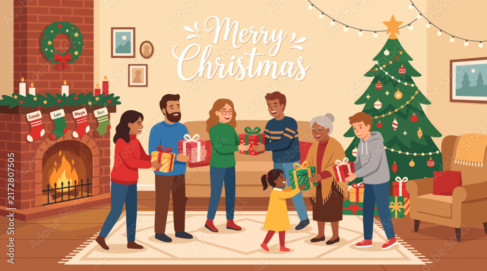 Fototapeta premium Happy diverse family exchanging christmas gifts in cozy living room