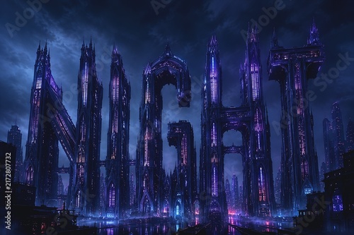 Neon Gothic NIGHT Architectural Typography — Futuristic Halloween Nightlife Background