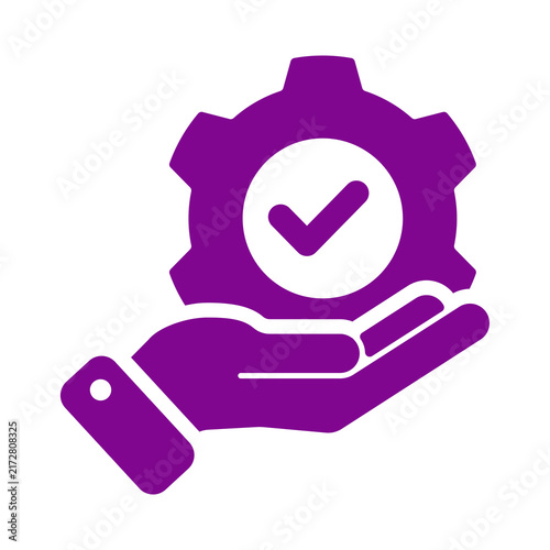 Purple gear icon with a check mark inside held in an open hand isolated on white background transparent background