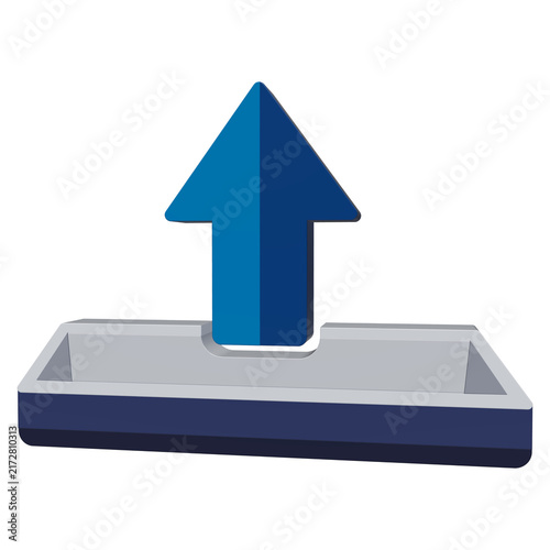 Obraz na płótnie 3D rendered blue upload arrow emerging from a rectangular tray Transparent background, digital