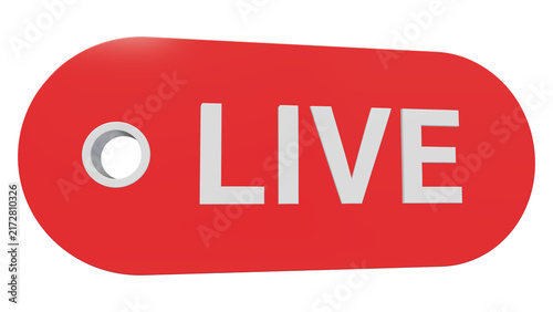 3D red rounded rectangular button with white live text and a circular silver indicator light