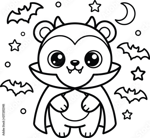 Cute kawaii vampire bear coloring page for kids with bats and stars in a simple line art style