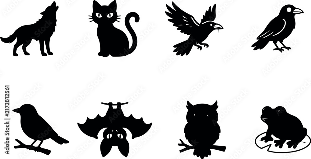 Naklejka premium Set of black silhouettes featuring various animals including a howling wolf cat raven bat owl and a small frog