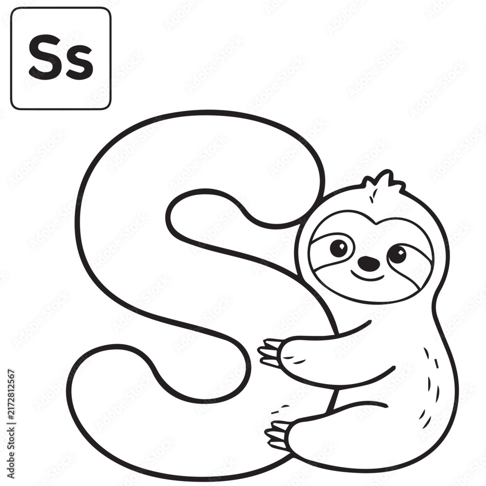 Fototapeta premium Letter S for Sloth Alphabet Coloring Page Vector Illustration. A cute black and white line art illustration of a sloth hugging the letter S for educational kids activities.