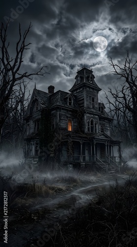 Abandoned Haunted House Under a Full Moon