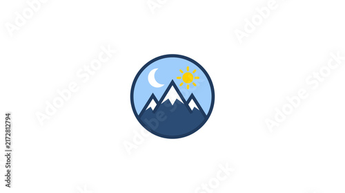 A circular icon featuring snowy mountain peaks with a sun and moon