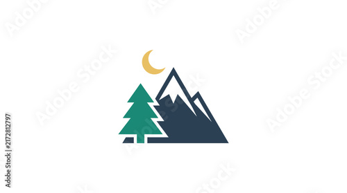 A minimalist graphic illustration featuring a mountain and a pine tree at night