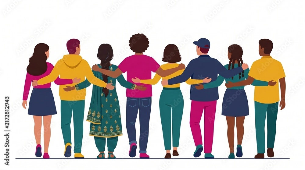 Fototapeta premium Diverse Community Group United in Friendship and Support, Walking Together Towards a Shared Future