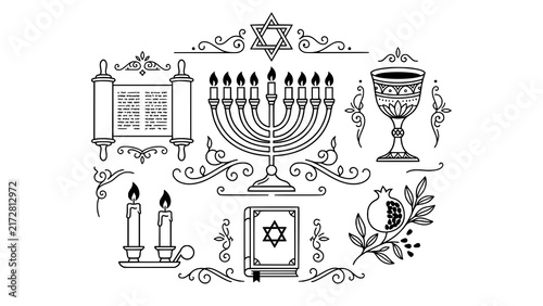 Foto Set of jewish religious symbols featuring menorah torah scroll and star of david