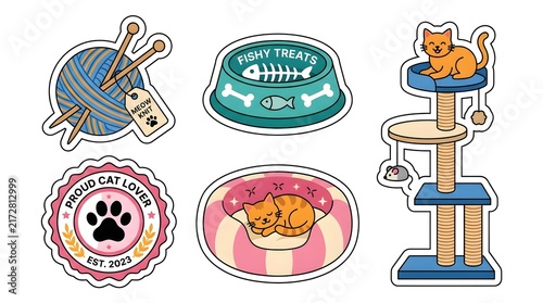 Set of cute cartoon cat accessories stickers for pet owners on transparent background