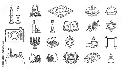 Foto Set of hand drawn jewish holiday icons for shabbat and religious celebrations