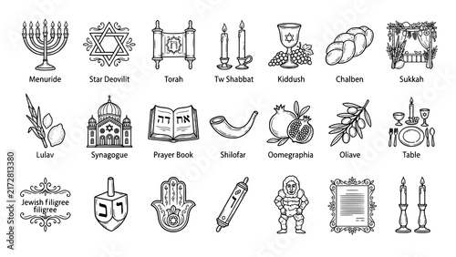 Fotografie Set of hand drawn jewish traditional symbols and religious holiday icons collect