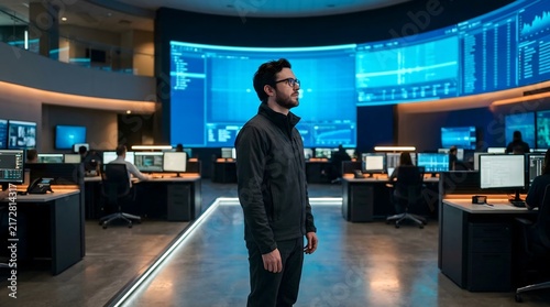 Cybersecurity expert standing in modern control room monitoring big data analytics