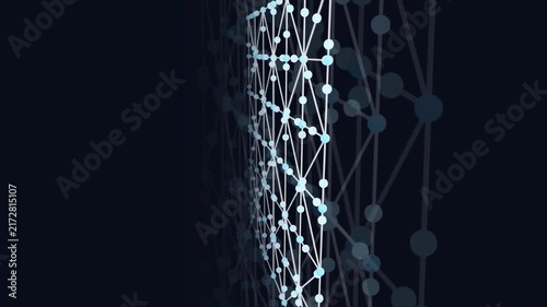 Abstract blue digital plexus network with connecting lines and dots moving on dark background