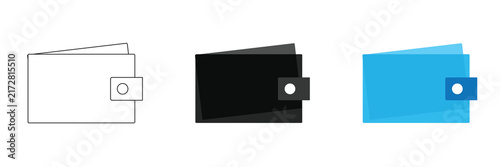 Wallet Icon Set Vector Illustration in Outline Black and Blue Flat Styles Isolated on White Background