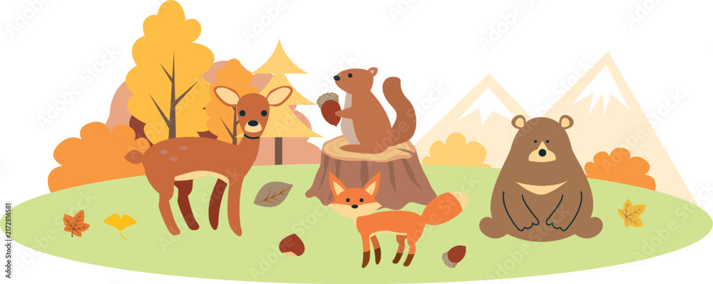 Obraz premium 秋の動物と紅葉の手描風イラスト