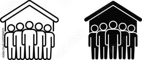 Group iconography featuring people sheltered under a house symbol in outline and silhouette styles for community and housing.
