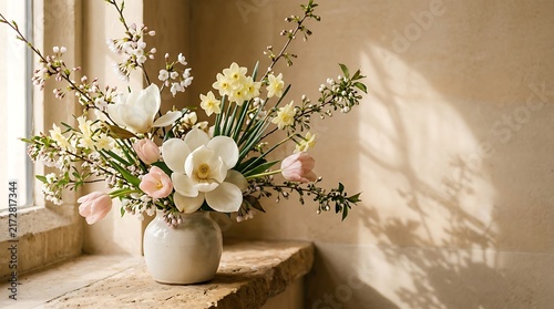 Beautiful spring flower arrangement with magnolia tulips and daffodils in a ceramic vase on a stone windowsill