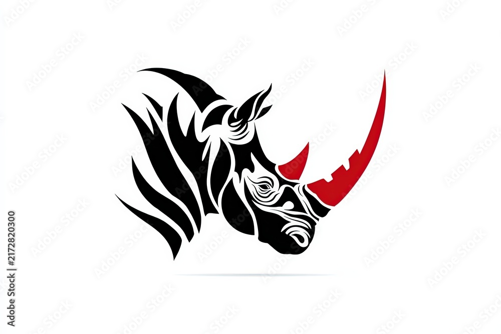 Obraz premium A fierce rhinoceros head, rendered in striking tribal tattoo style with bold black lines and a vibrant red horn, symbolizes power and resilience.