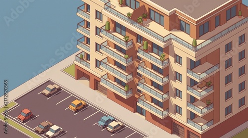 Modern Isometric Apartment Building with Parking Lot. Urban Residential Housing Concept.